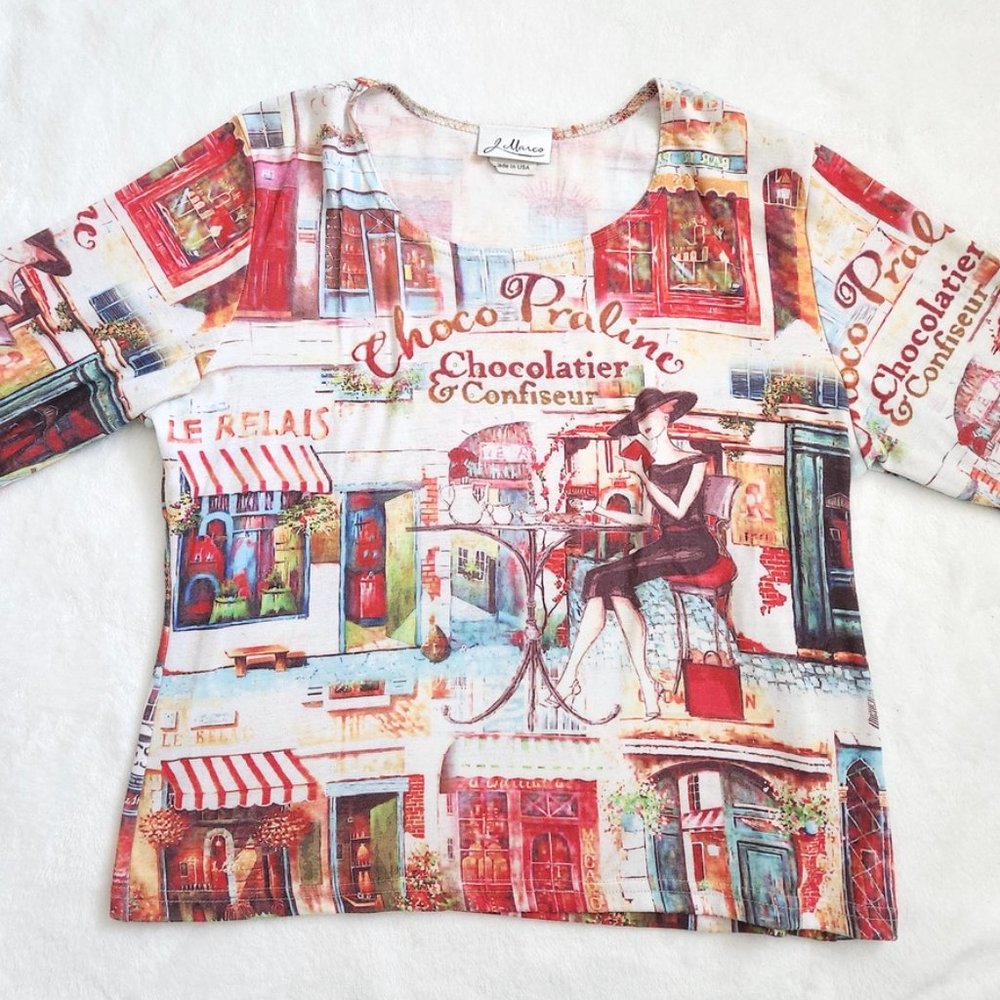 Vintage 90s French Art Print Top Large Paris Cafe J Marco Cyber Rhinestones Y2K - Picture 16 of 16